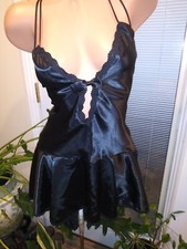 Vtg Satin Oily Frilly Wet Jet Black Ruffle Gown Babydoll Shorty Nightgown Gown S
