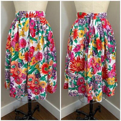 Vintage 80s Evan Picone Floral Cotton Pleated Circle Skirt Womens Size 