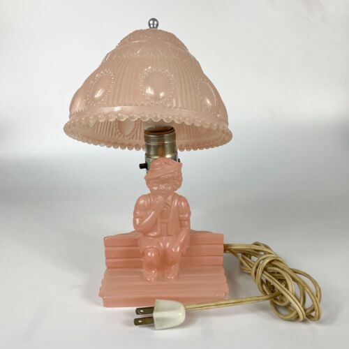 Vintage Painted Pink Glass Boudoir Lamp and Shade Girl Bench Nursery Works