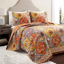 Bohemian Flower Reversible Cotton Quilt King Size 3 Piece Set Tangerine  Lilac