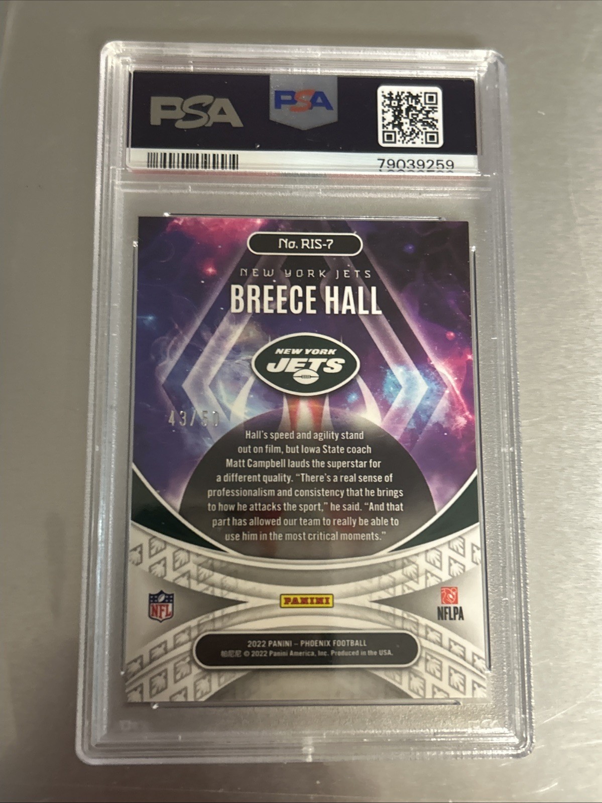 Breece Hall Rookie 2022 Phoenix Football Rookie Rising Bronze 43/50 PSA10 view 2