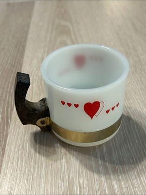 Siesta Ware Vintage Playing Cards Hearts Motif White Milk Glass Mug Wood Handle