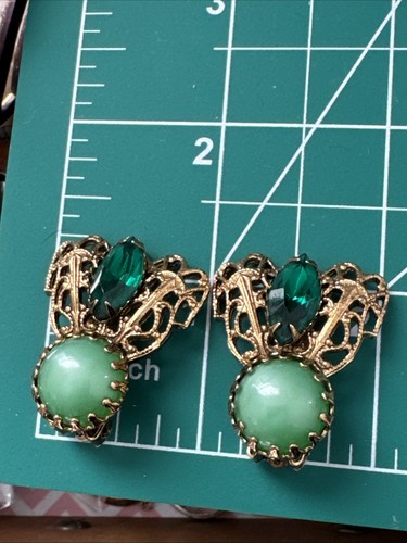 Vintage Gold Grün Mond Leuchten Strass Insekt Ohrringe Krappen Set - Bild 4 von 6