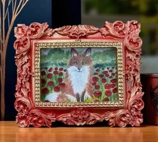 Fox in a Poppy Field Floral Landscape art print in mini vintage style frame