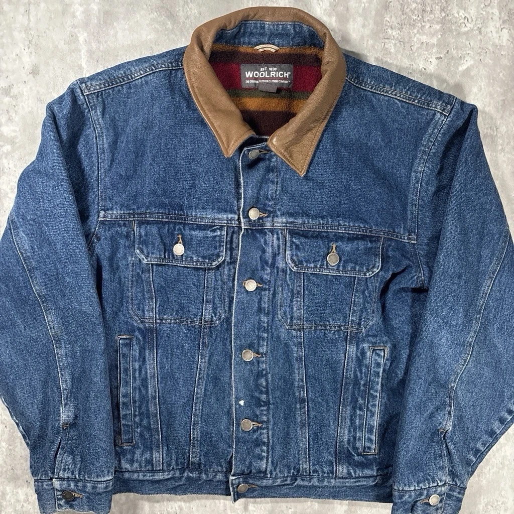Vtg Woolrich Jacket Men's M Blue Denim Fleece Blanket Lined Leather Collar