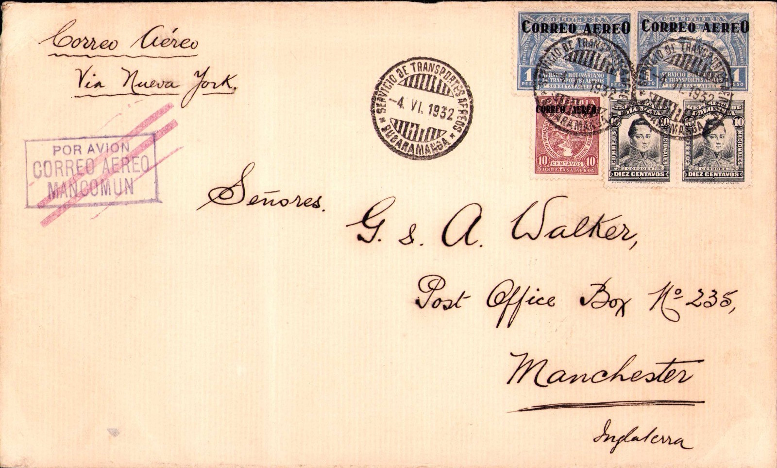 COLOMBIA - ENGLAND - SCADTA - 2.10p COVER - BUCARAMANGA to MANCHESTER - 1932 RRR