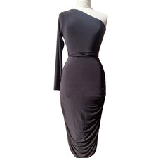 Femme Luxe Black Ruched Bodycon Midi Dress Women's Size 10 UK One Shoulder