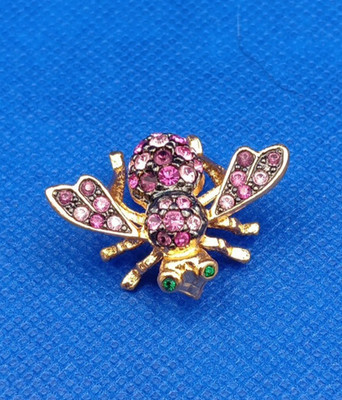 Joan Rivers Pink Crystal Rhinestone Gold Tone Bee Pin Brooch Green Eyes