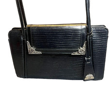 Marc Chantel MC Shoulder Bag Purse Womens Black Embossed Leather Silver Flower