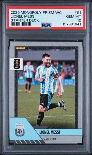 2026 PANINI PRIZM MONOPOLY FIFA WORLD CUP STARTER DECK #S1 LIONEL MESSI PSA 10