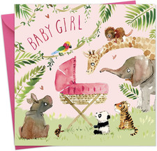 New Baby Girl Card with Pink Crib and Jungle Animals - Congrats, 6.1 x 6.1 in