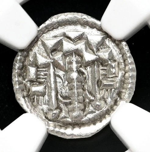 HUNGARY. Stephen II, 1116-1131, Silver Denar, 3 Crosses on Golgotha, NGC AU