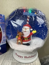 Gemmy Santa and Rudolph Waterless Snow Globe Plays 11 Songs 15’ Tabletop Works