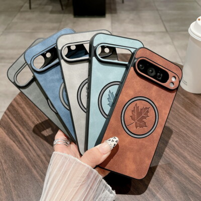 Magnetic für Google Pixel 9 8 7 Pro XL 8A 7A Ahornblatt-Muster Leder TPU Hülle