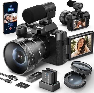 5K Digital Cameras 48MP 16X AutoFocus W/52mm Wide-Angle & Macro Lens for YouTube