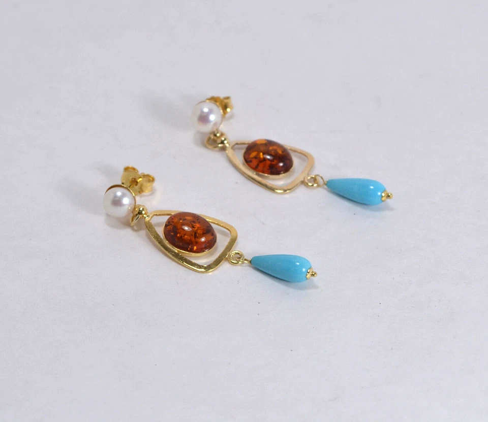 ORECCHINI ARGENTO 925 DORATO AMBRA OVALE PERLE E PENDOLI TURCHESE AGHT 0852 - Immagine 2 di 3