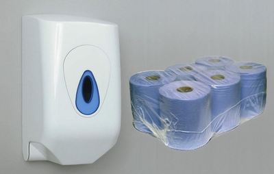Mitteleinzug Rollenhalter / Spender & 6 Rollen 2-lagig blau geprägte Papierrollen 