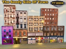 HO Scale THE SEEDY SIDE OF TOWN -Scratch Built 3D 8 Building Flat Collage w/LEDs