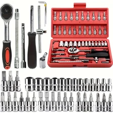46 Piece 1/4" Drive Ratchet Wrench Socket Set Car Repair Drill Bit Kit Toolbox