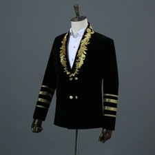 Men Panne Velvet Suit Blazer Embroidery Jackets Formal Retro Wedding Coat Tops