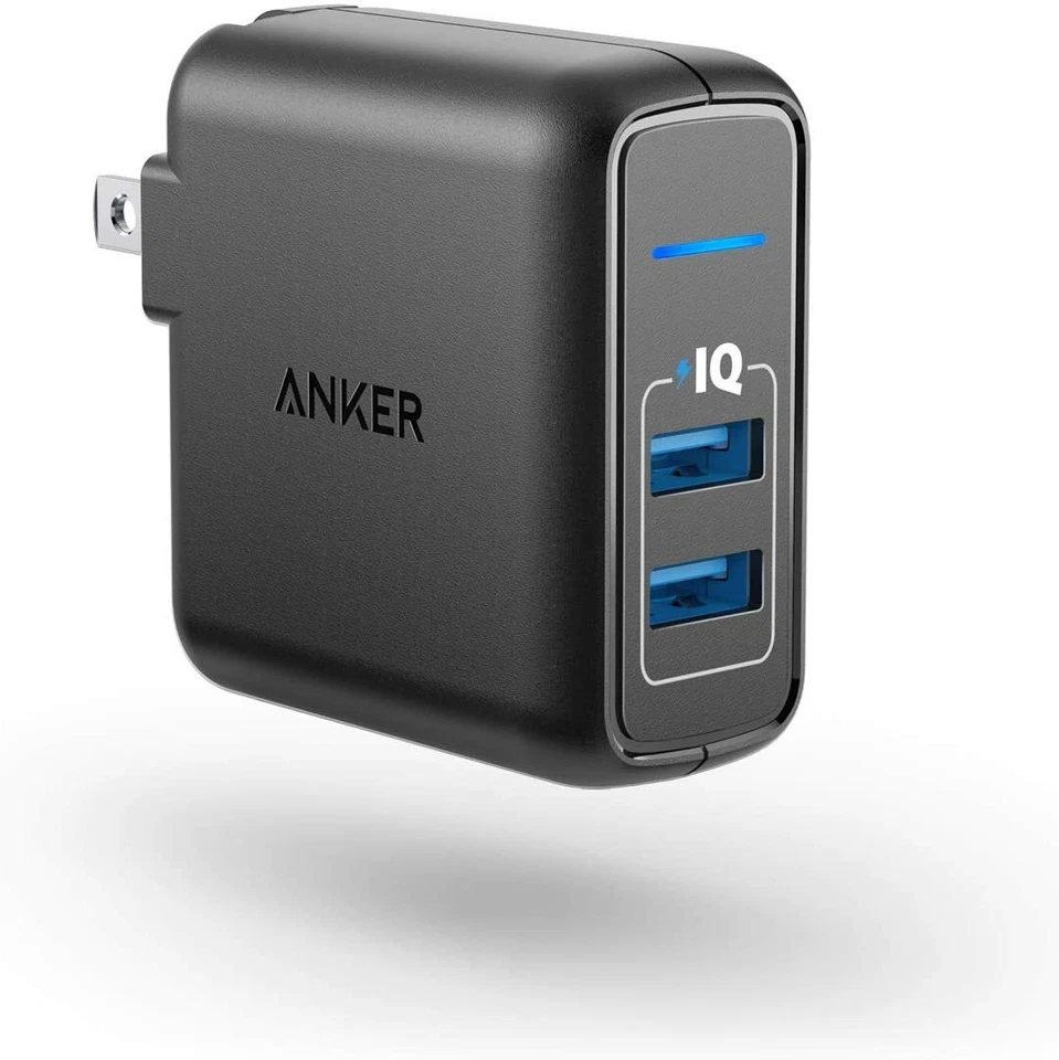 Anker 2 端口 USB 壁式充电器 24W PowerIQ 充电可折叠插头适配器 | 黑色