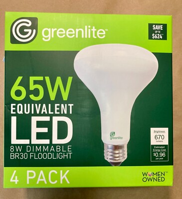 4x NEW Greenlite BR30 Light Bulbs 8w LED 65w Dimmable 3000k 670 Lumens