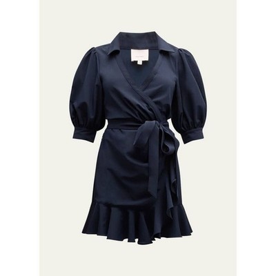 Cinq à Sept Women's Navy Vickie Puff-Sleeve Ruffled Mini Wrap Dress Size 10 NWOT
