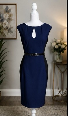 Rampage Women s Blue/Black Colorblock Sheath Dress Keyhole Belted Size S
