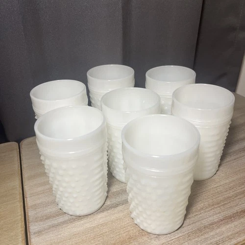 Vintage Set of  7 Anchor Hocking Milk Glass ENGLISH HOBNAIL Tumblers
