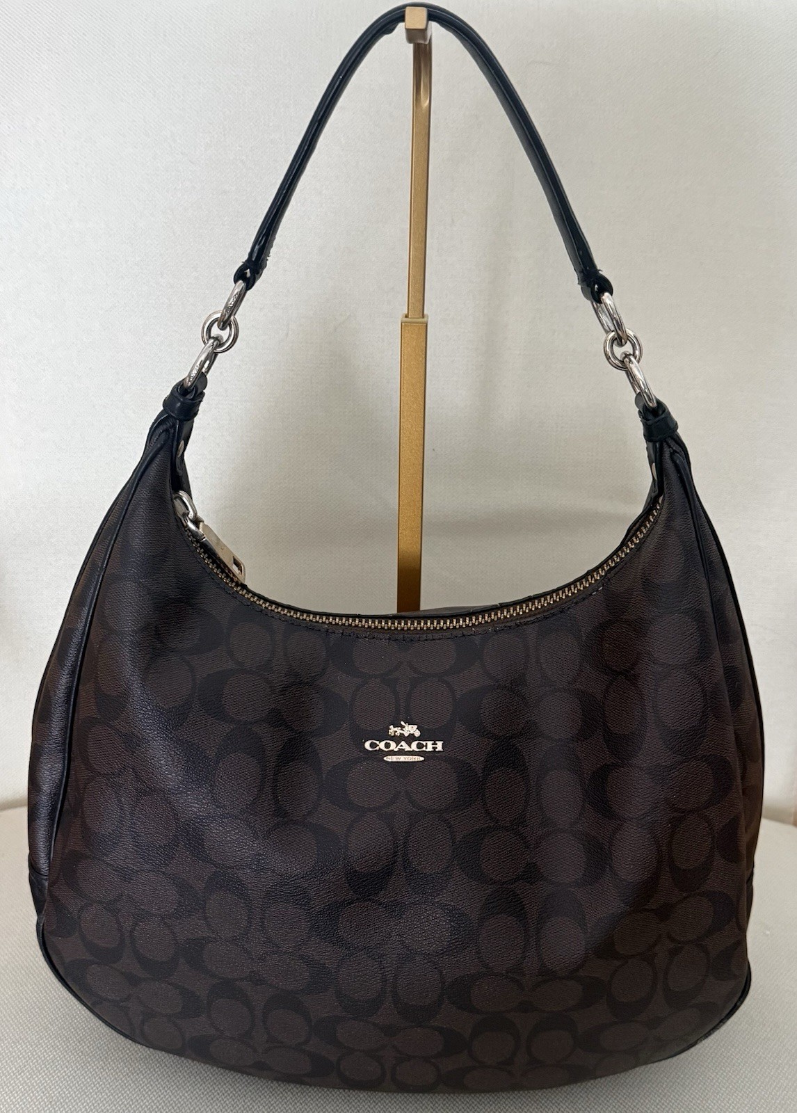 Coach Harley East West Hobo Signature Brown Black F58289 Leather Trim Bag