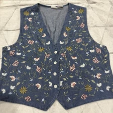 Stony Brook Cotton Blue Floral Embroidered Button Up Granny Vest Women's Sz Lrg