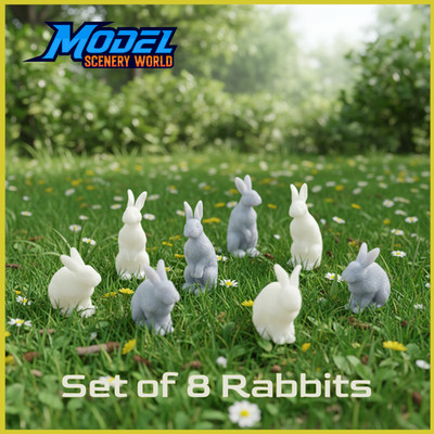 N Scale 1:160 Grey & White Rabbit Figure Set (8pc) | Model Scenery World
