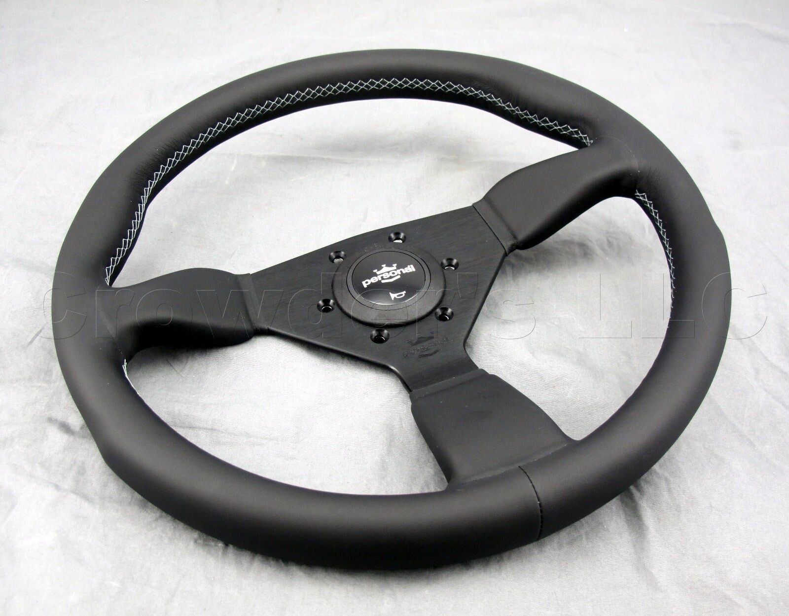 Personal Grinta Steering Wheel 350mm Black Leather Grey Stitching Black  Spokes