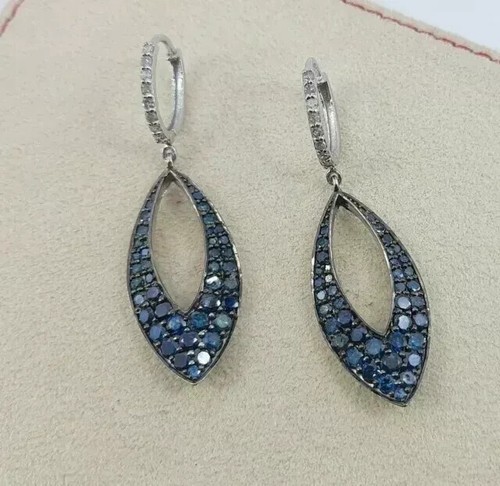 2.50Ct Round Simulated Blue Sapphire Drop Clip On Earring 14K White Gold Plated - Picture 4 of 5