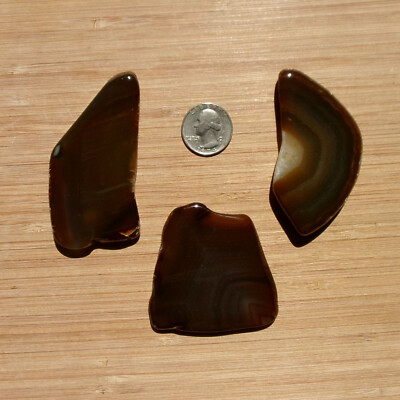 3 Agate Rock Slices Polished Brown Geode Crystals Small Thick Cut Banded Stones