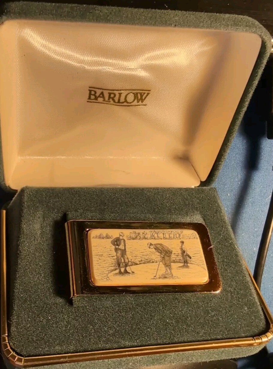Vintage Barlow Gold-tone Money Clip faux scrimshaw Golfers On Green+Box Case