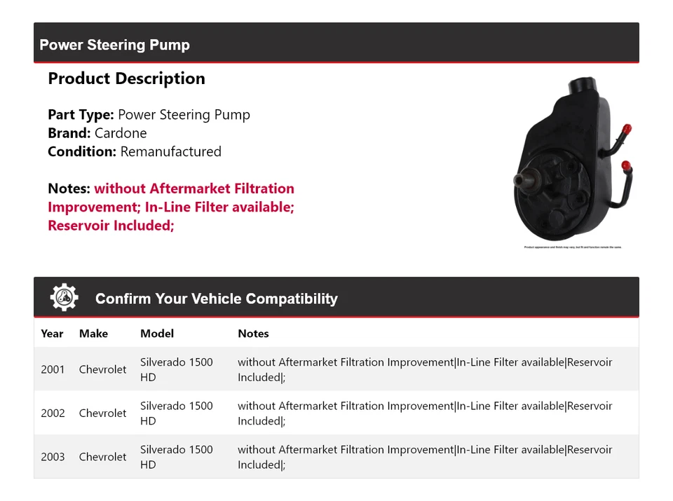 For 2001-2003 Chevrolet Silverado 1500 HD Power Steering Pump Cardone 2002 - Image 2 of 4
