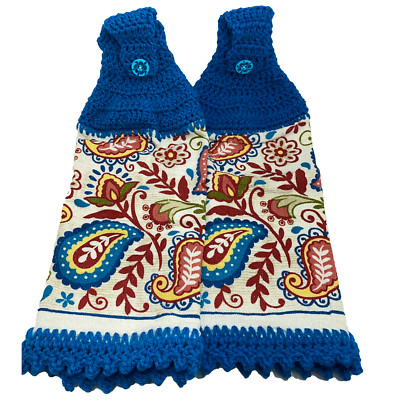 Jacobean Paisley Hanging Kitchen Towel Set Crochet Top Blue