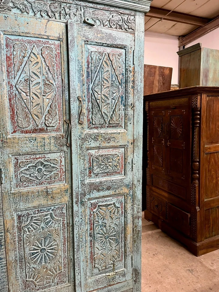 Antiguo armario indio tallado a mano azul floral rústico gabinete de granja 81x38 Foto 3 de 4