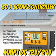 30A Solar Panel Battery Charge Controller 12V/24V LCD Regulator Auto Dual USB