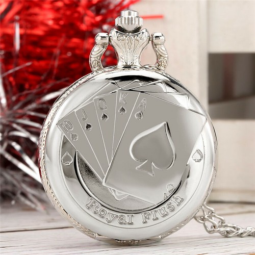 Reloj de Bolsillo de Cuarzo Estrella de Poker Negro Plata Para Hombres Mujeres Collar Cadena Regalo - Imagen 6 de 11