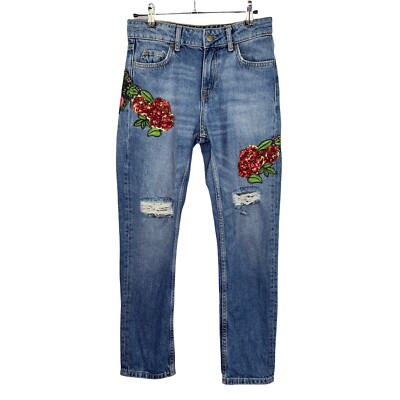 Zara Basic Denim Straight Leg Jeans Floral Patch Sequin Distressed Women's Sz 00