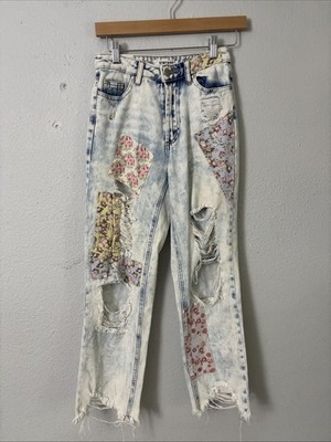 Vintage Almost Famous Jeans Floral Patchwork Light Blue Distressed Size 0