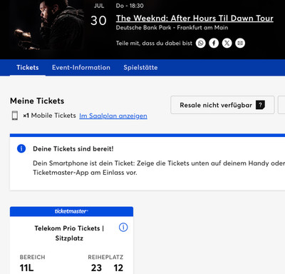 The Weeknd After Hours Til Dawn Tour 30.07.2026 Frankfurt 1 Sitzplatz