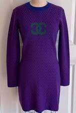 21K CHANEL BLUE FUCHSIA GREEN KNIT CC LOGO CASHMERE MINI DRESS 40