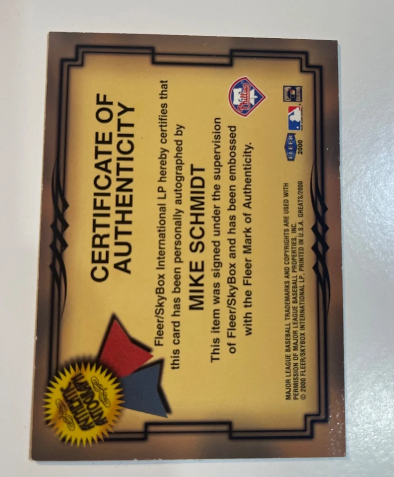 2000 Fleer Greats of the Game - 亲笔签名 Mike Schmidt (AU) — 第 2/2 张图片