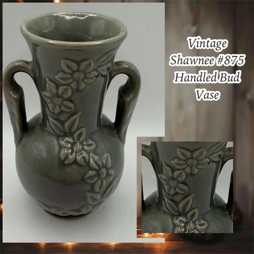 VINTAGE 40s SHAWNEE #875 HANDLED BUD VASE Grey SWEET EMBOSSED FLORAL MOTIF Nice!