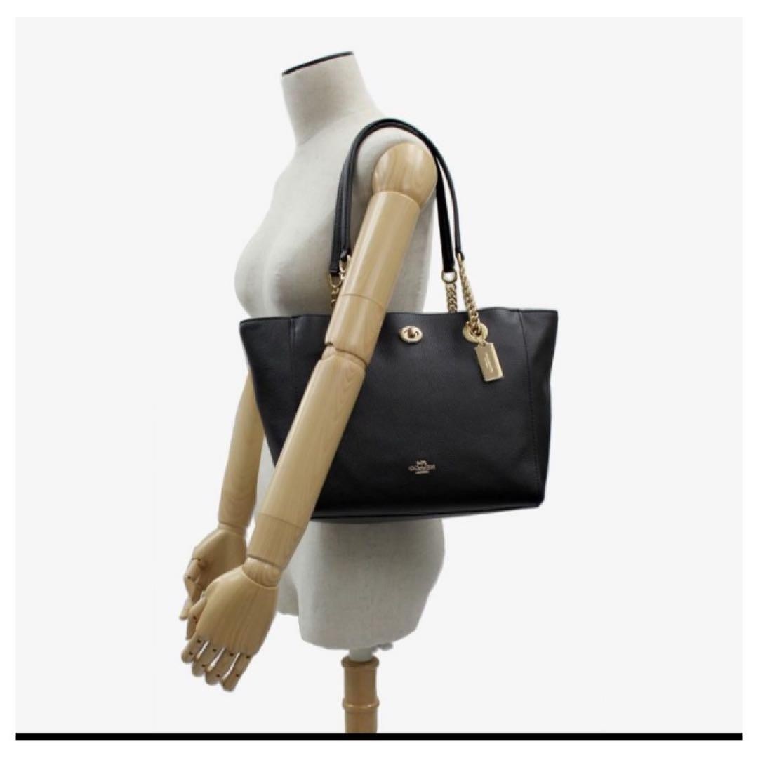 Coach G1757-57107 Leather Turnlock Chain Tote Bag Handbag Black