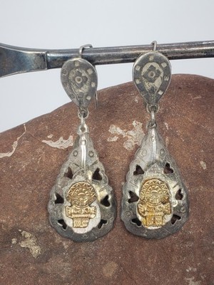 Vintage Cuzco 18k Sterling 925 Native American Mayan Aztec Style Drop Earrings 