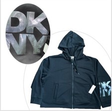 NEW 89 DKNY Women  s 2XL Black Full Zip Hoodie Jacket Shimmer Logo On Sleeve